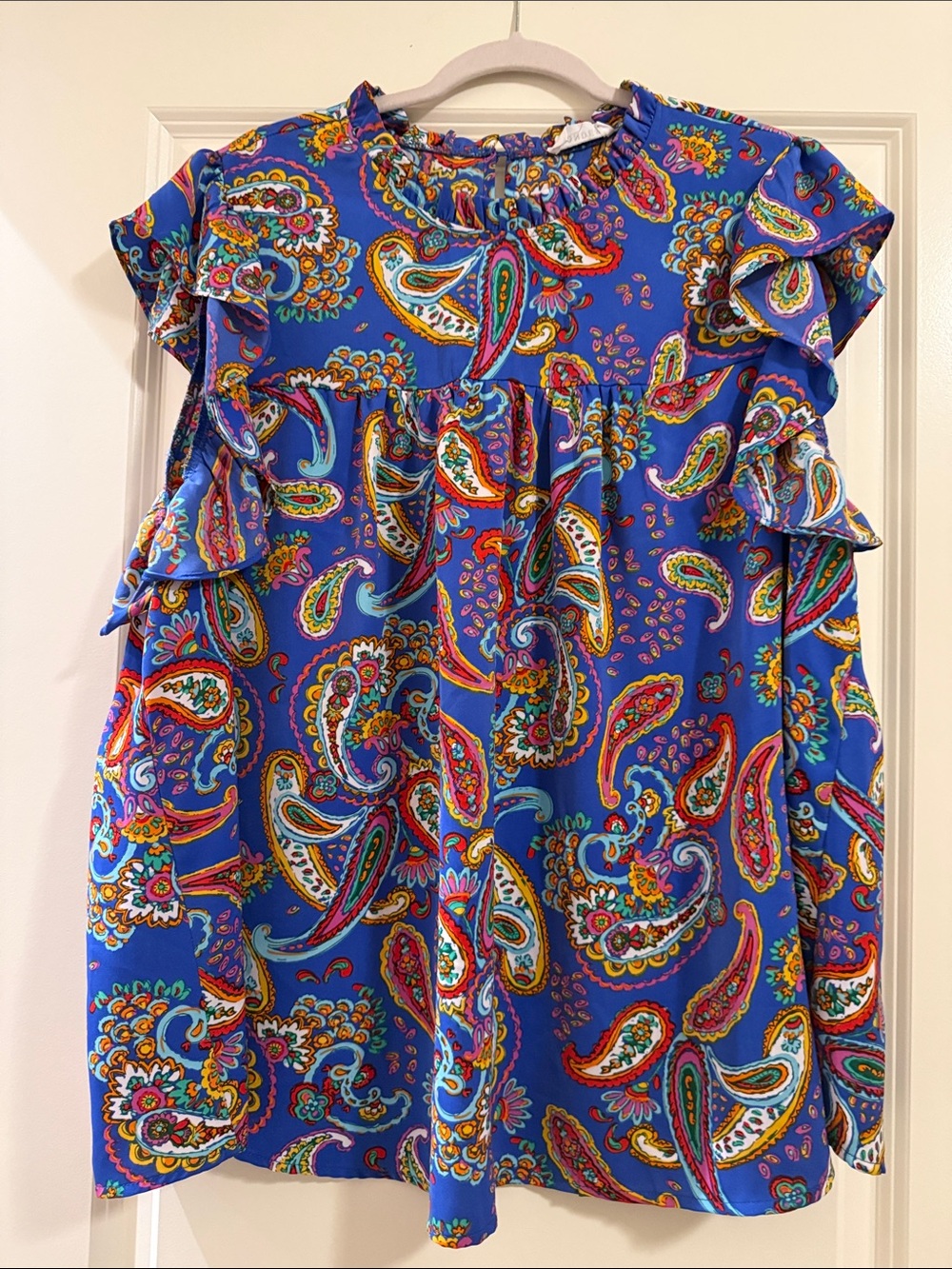 Wonder Women’s Bright Blue Paisley Ruffle Blouse